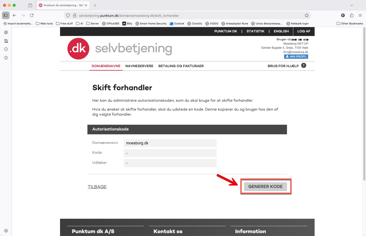 Knappen Generer kode hos Punktum dk