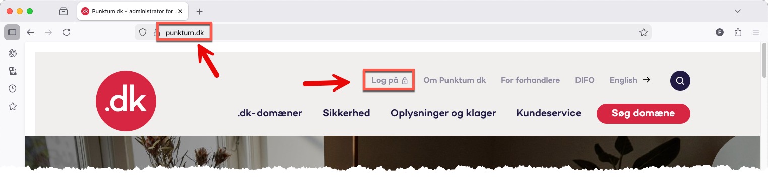 Punktum dk's forside med knappen Log på